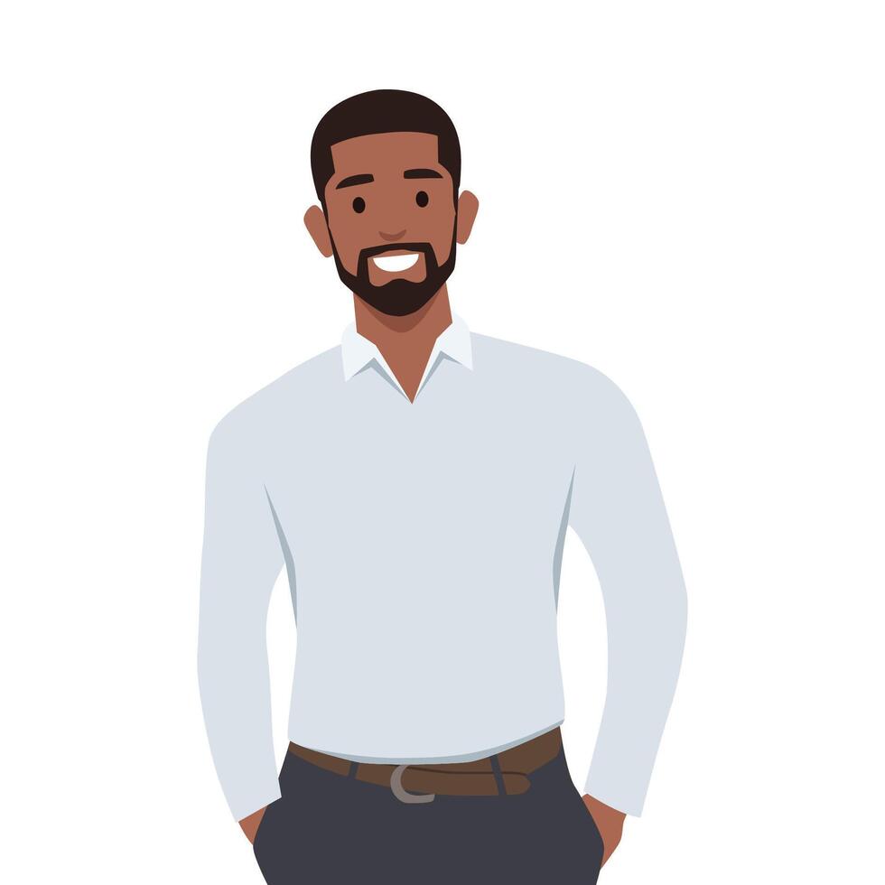 Handsome confident bearded man in jeans with hands in pocket. vector