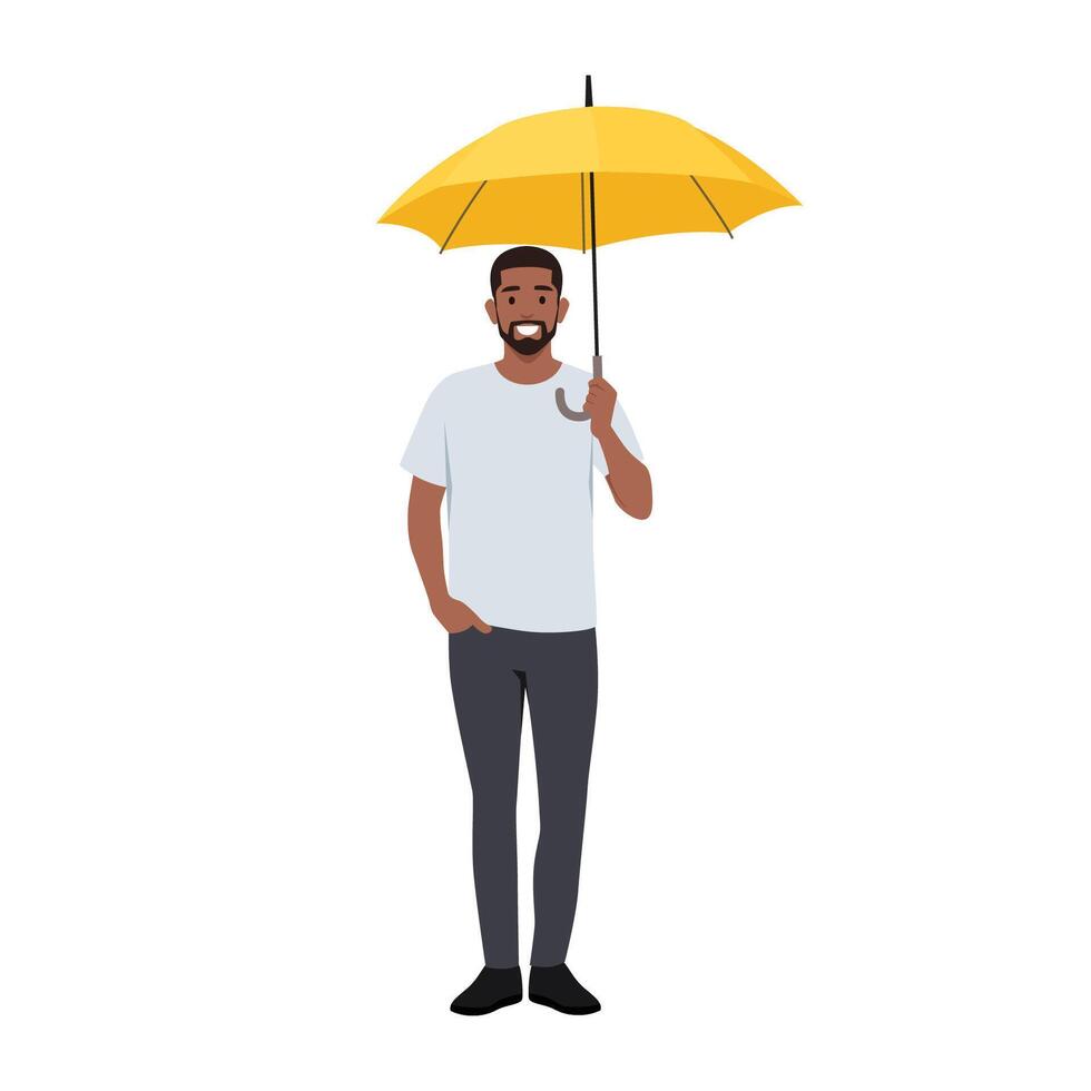 Young man standing with umbrella. vector