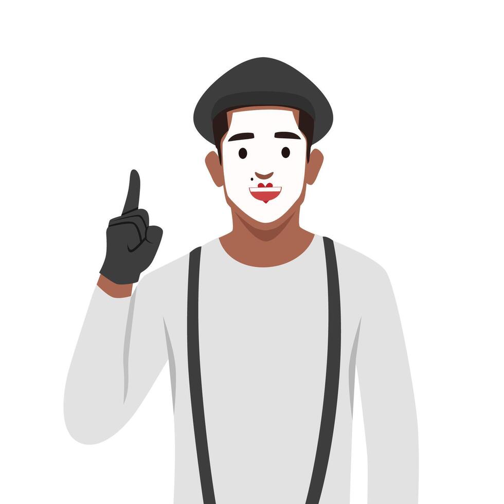 Young mime shows a full length pantomime pointing his finger up. vector