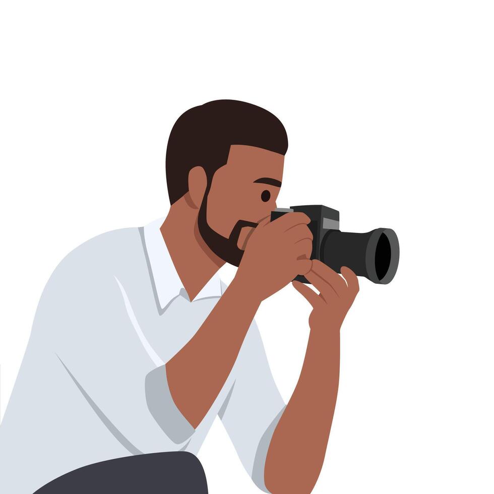 Young photographer holding a camera to take pictures. vector