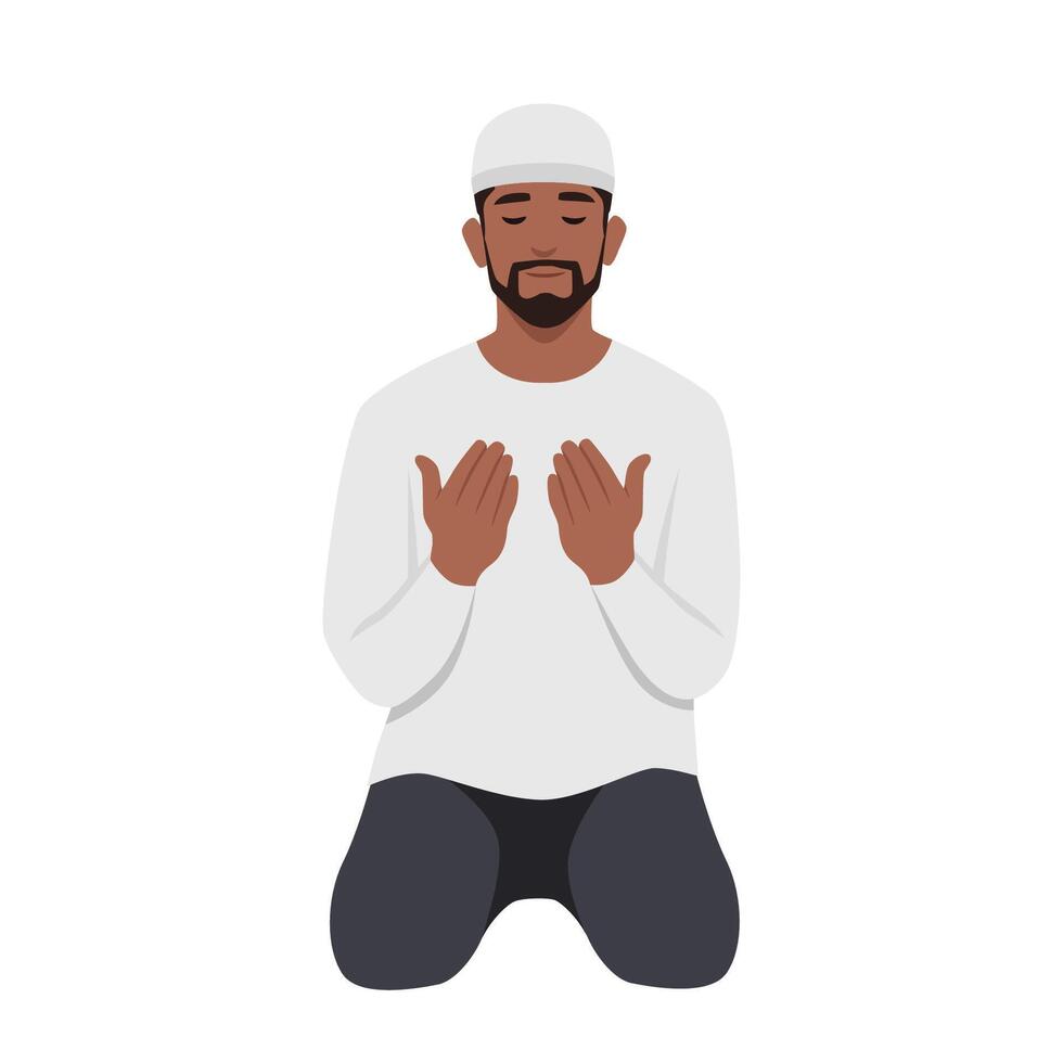 On Ramadan young man Moslems pray to Allah. vector