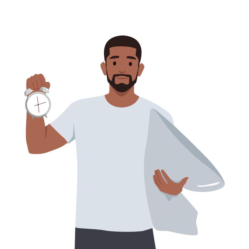 Young man standing with a pillow and a clock. vector