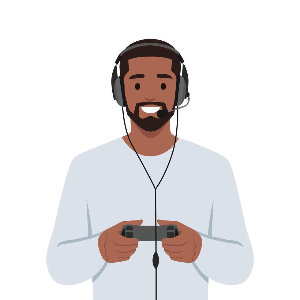 Young man playing game holding joystick and wearing headphone. vector