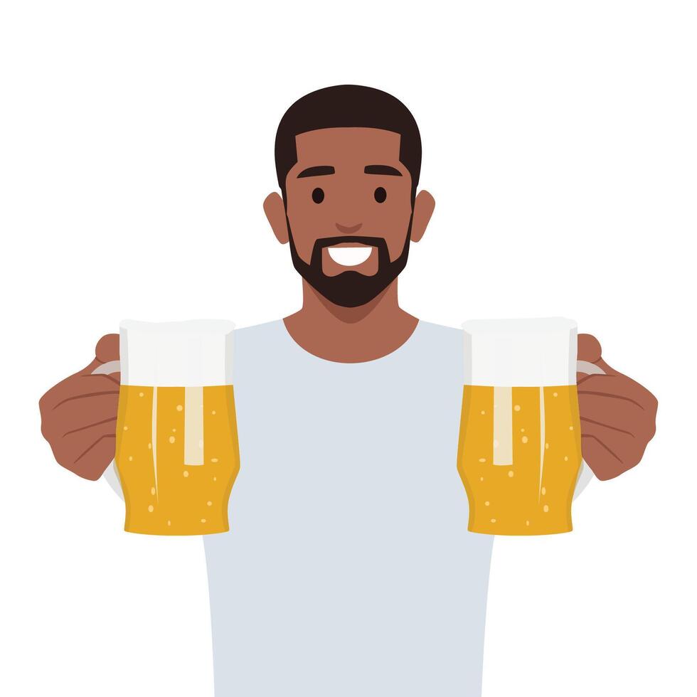 Young bartender holding beer. Offering beer to his friend. vector