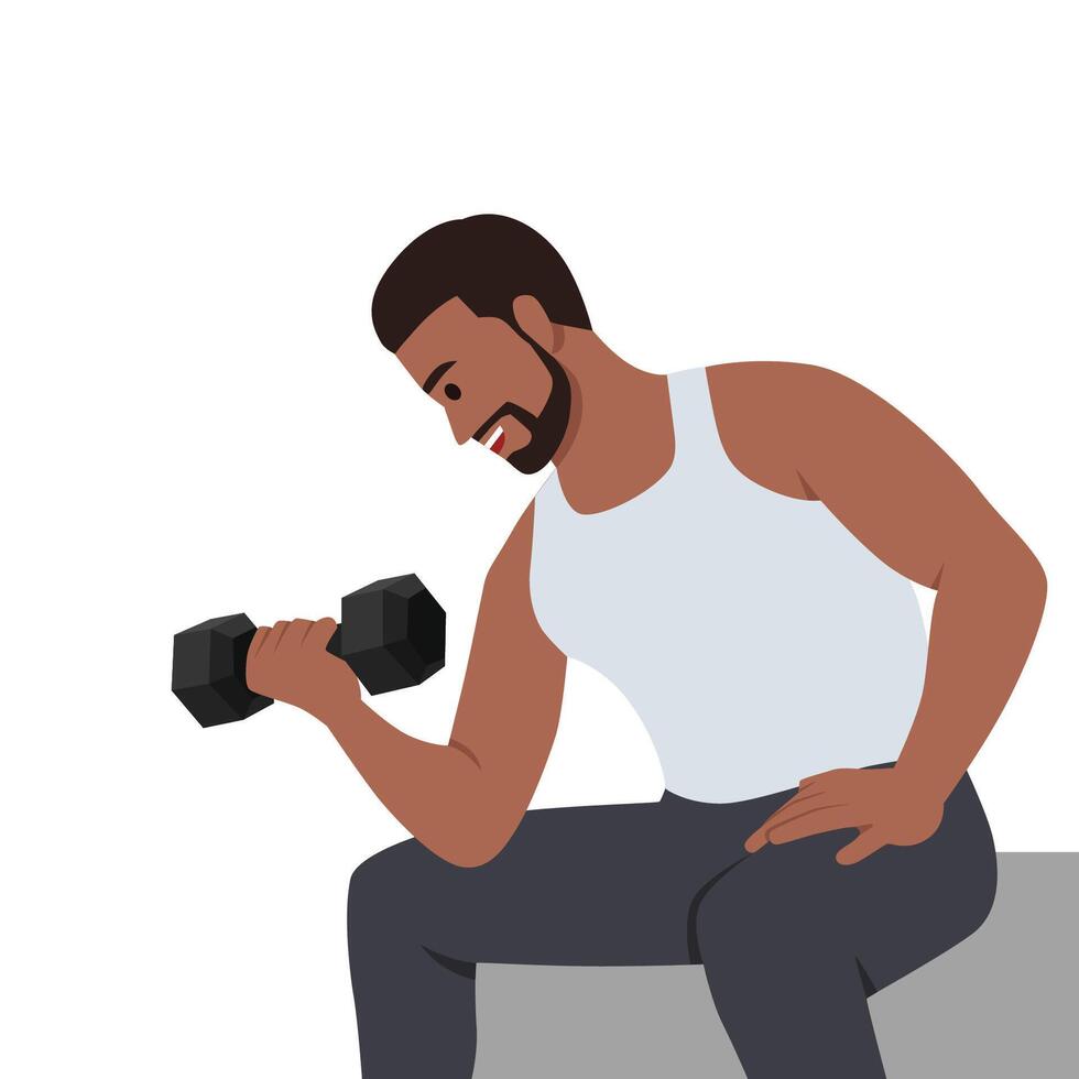 Young man doing Dumbbell concentration curl. vector
