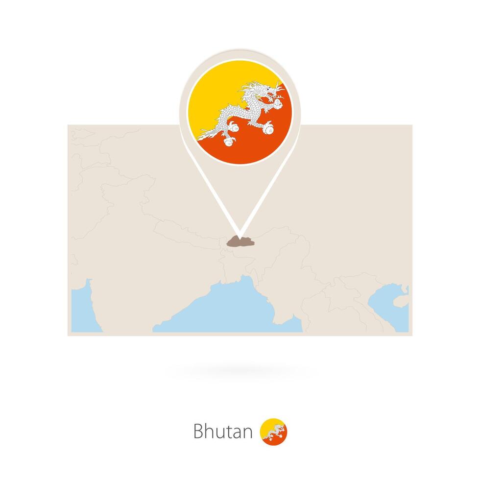 Rectangular map of Bhutan with pin icon of Bhutan vector
