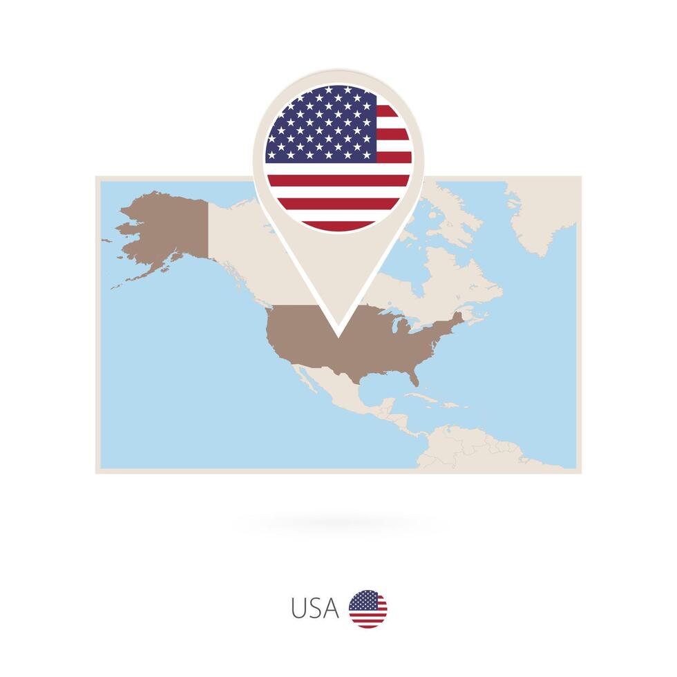 Rectangular map of United States of America with pin icon of USA vector