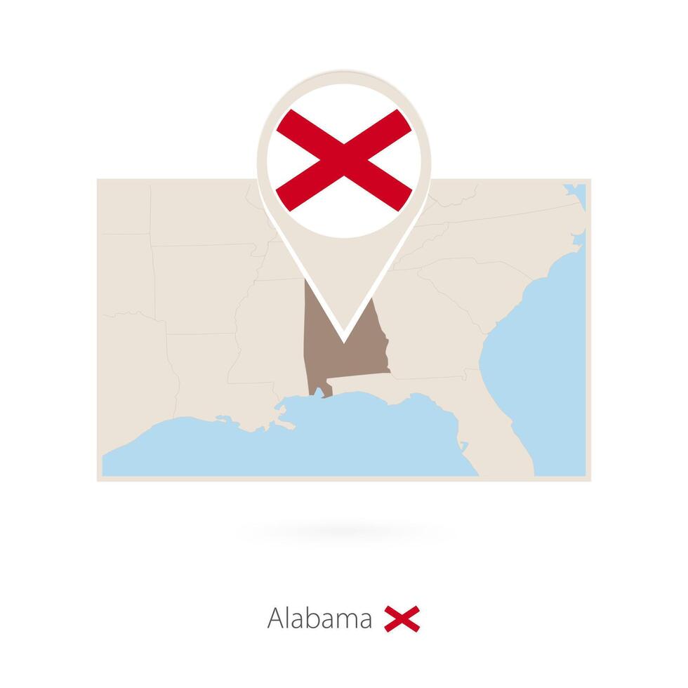 Rectangular map of US state Alabama with pin icon of Alabama vector