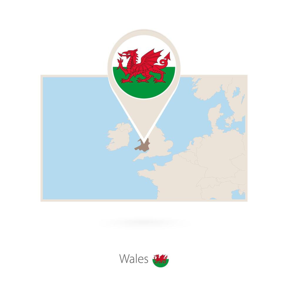 Rectangular map of Wales with pin icon of Wales vector