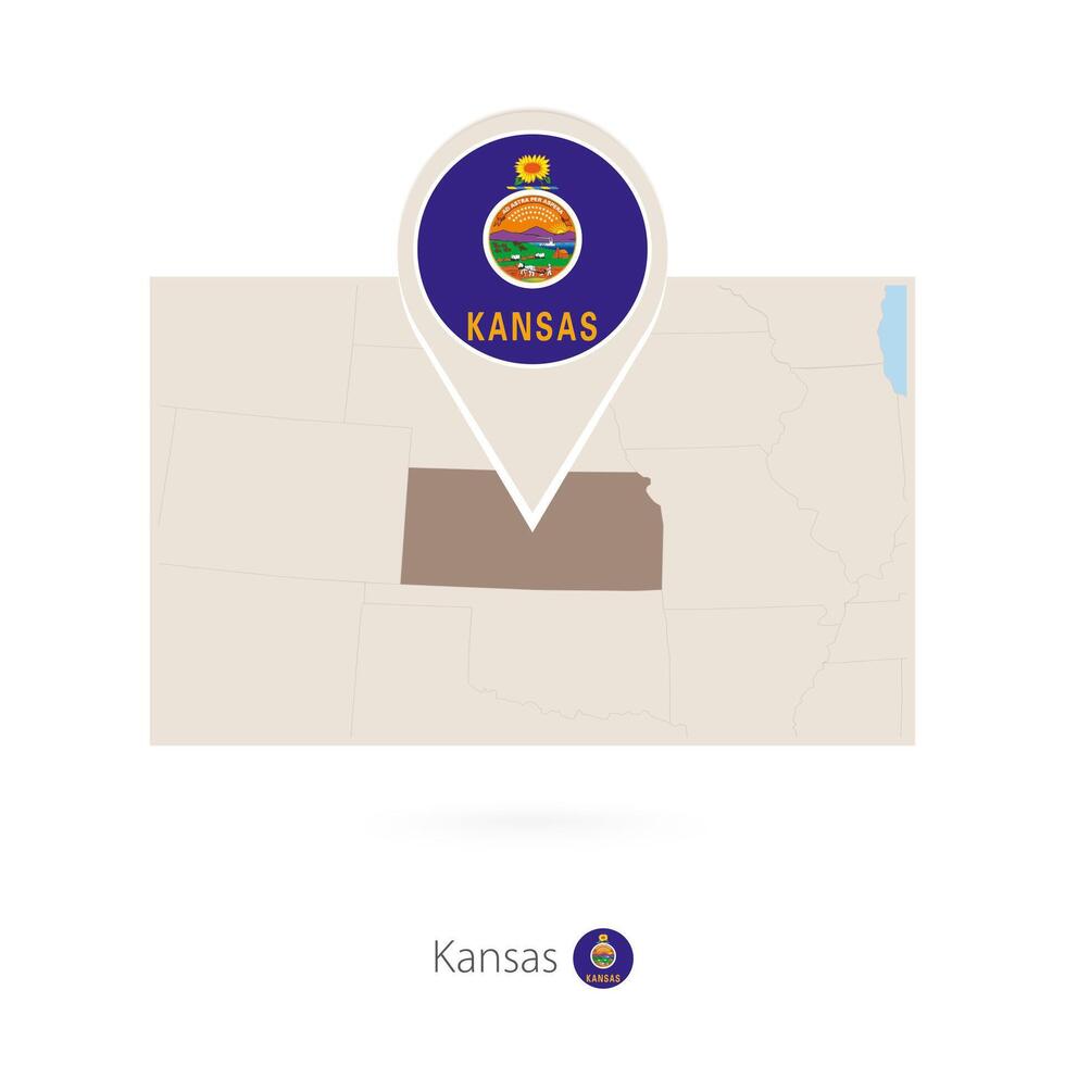 Rectangular map of US state Kansas with pin icon of Kansas vector