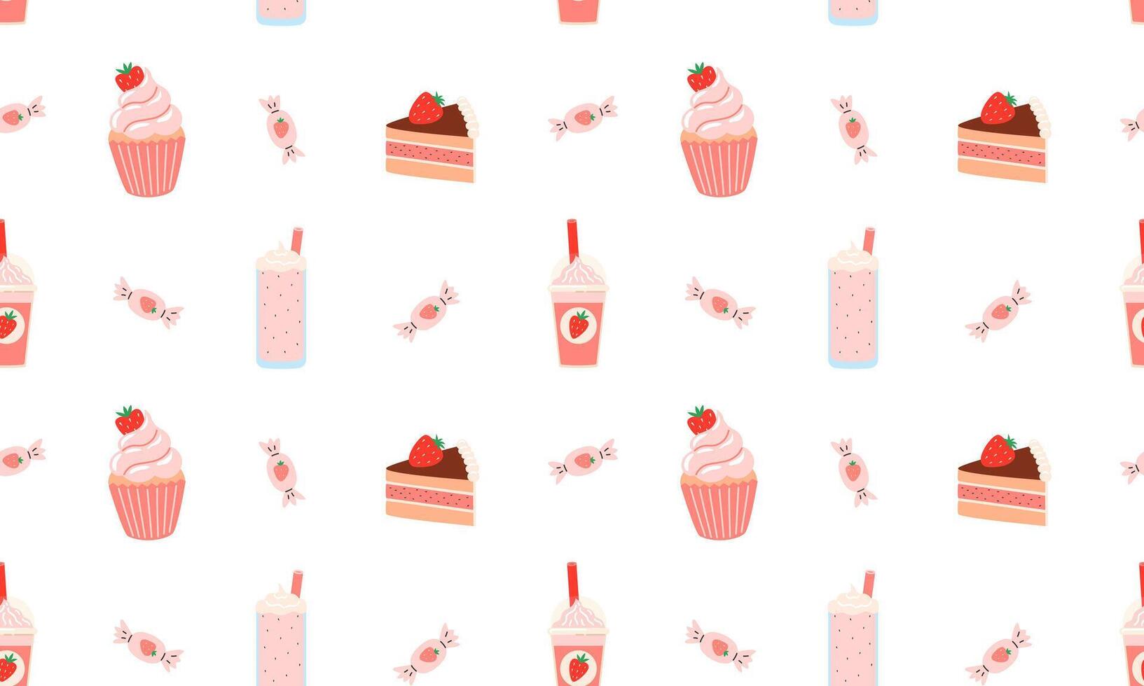 Strawberry food and drink seamless pattern. Summer refreshing drinks, sweets and desserts with taste of strawberries. Juicy summer berries. Flat illustration vector