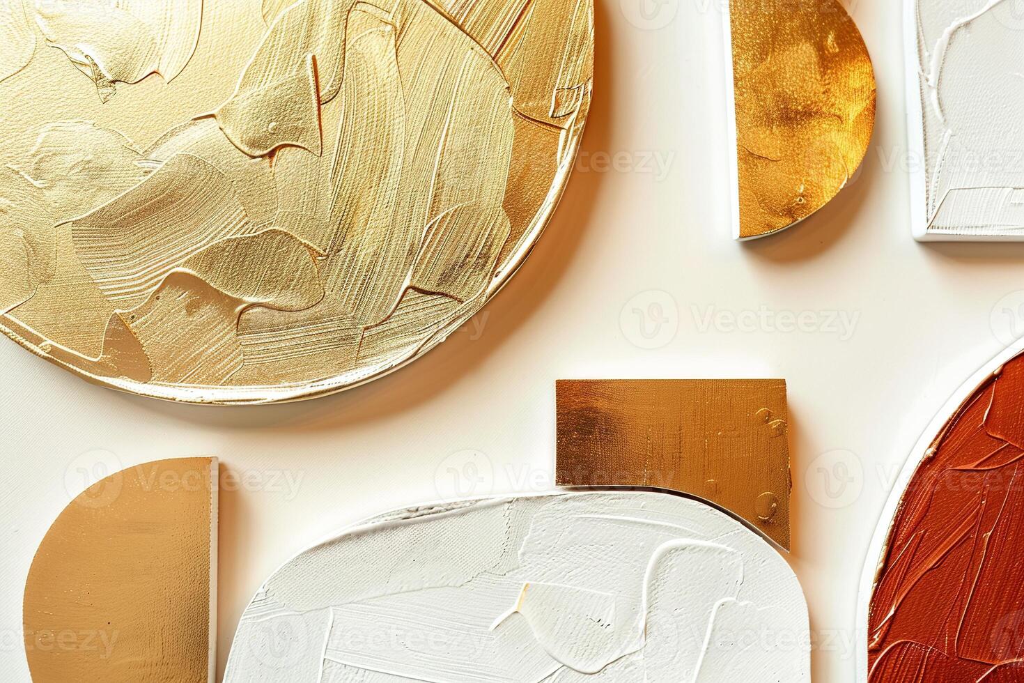 An exquisite composition of abstract shapes in oil paint, featuring vibrant golds and deep textures on a stark white background, perfect for modern home decor and artistic settings. photo