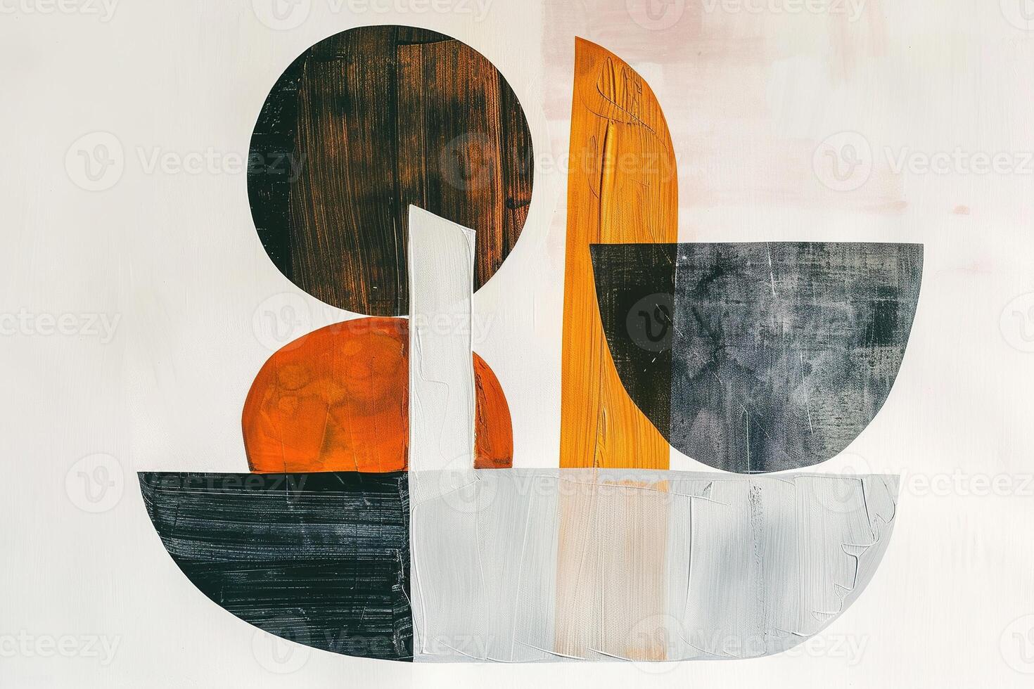 Striking abstract painting with geometric shapes in blend of black, white, orange, and grey on textured white background. Ideal for modern interiors seeking touch of elegance and style. photo