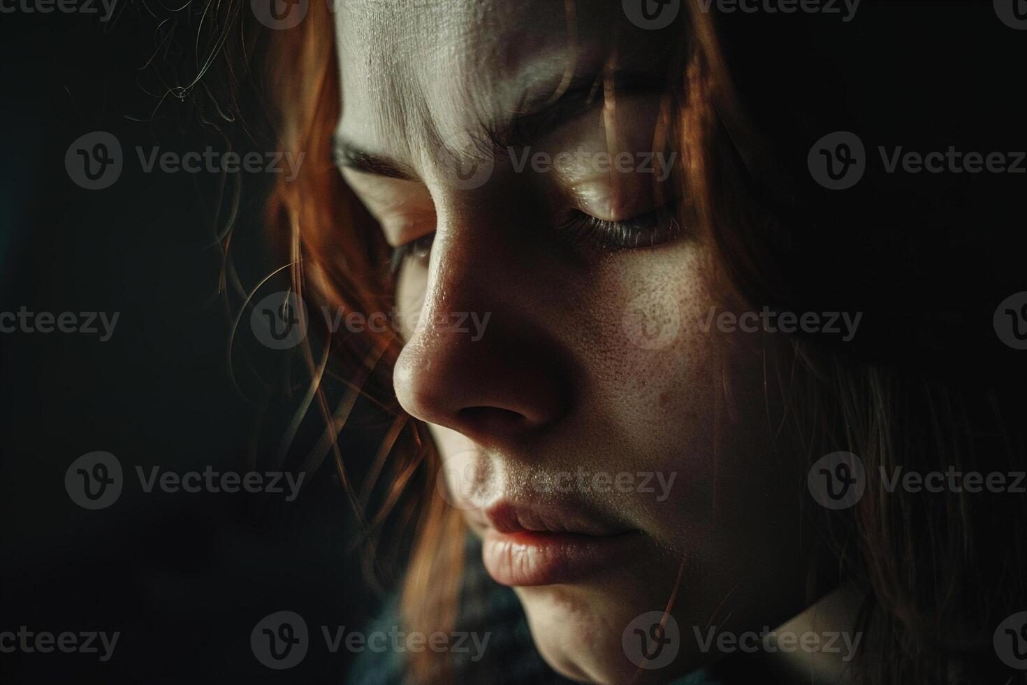 Intensely emotional portrait of a woman in despair, her face partly obscured by shadows, capturing a moment of profound sadness and vulnerability in a dark, atmospheric setting. photo