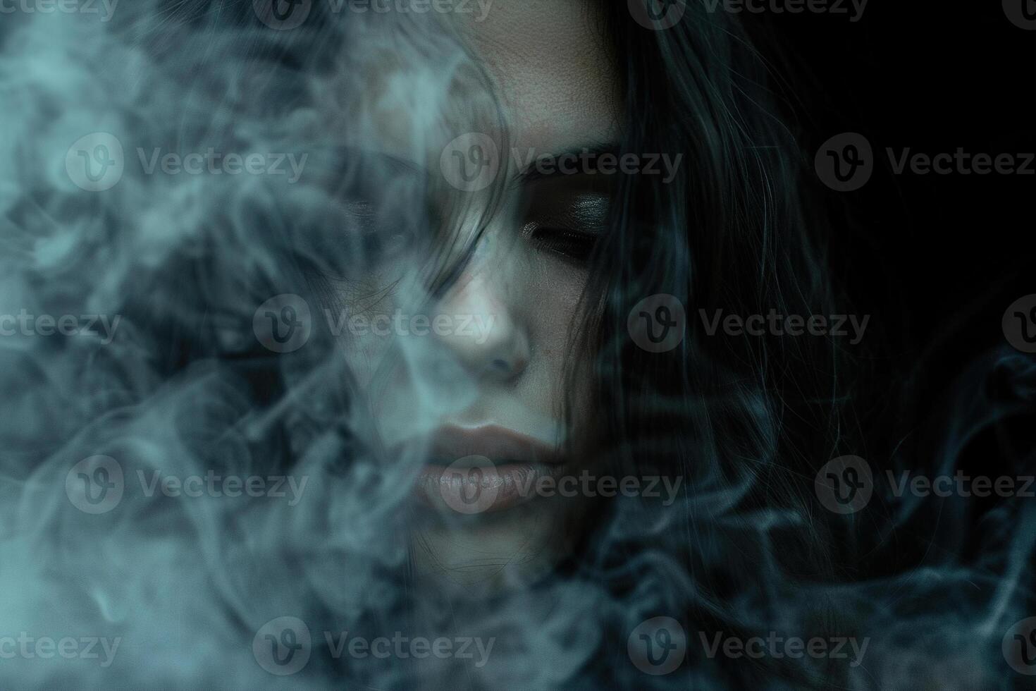 A haunting close-up of a woman enveloped in dark smoke, her expression lost in deep melancholy, reflecting the profound depths of depression in a dramatically lit, somber scene photo
