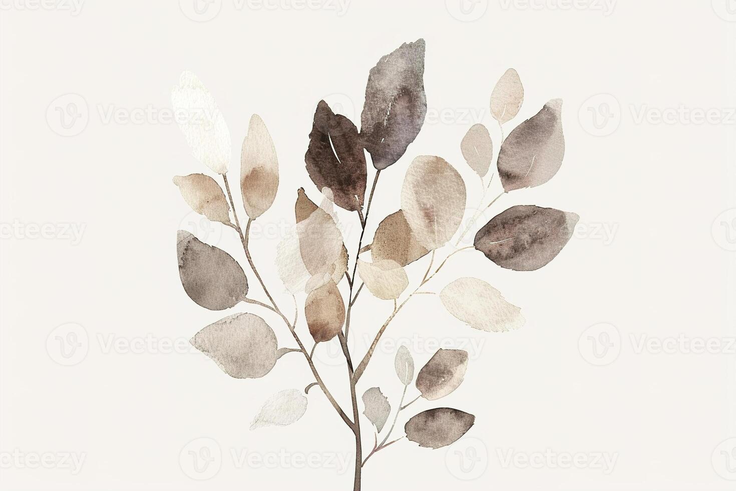 Graceful botanical watercolor artwork featuring a delicate branch with leaves in shades of grey, white, and brown, perfectly blending sophistication with natural elements. photo
