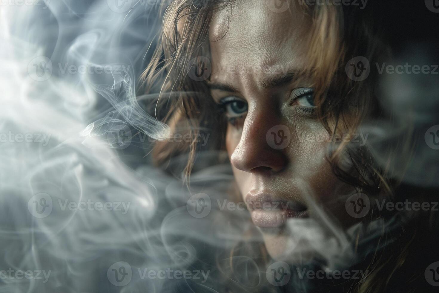 A haunting close-up of a woman enveloped in dark smoke, her expression lost in deep melancholy, reflecting the profound depths of depression in a dramatically lit, somber scene. photo