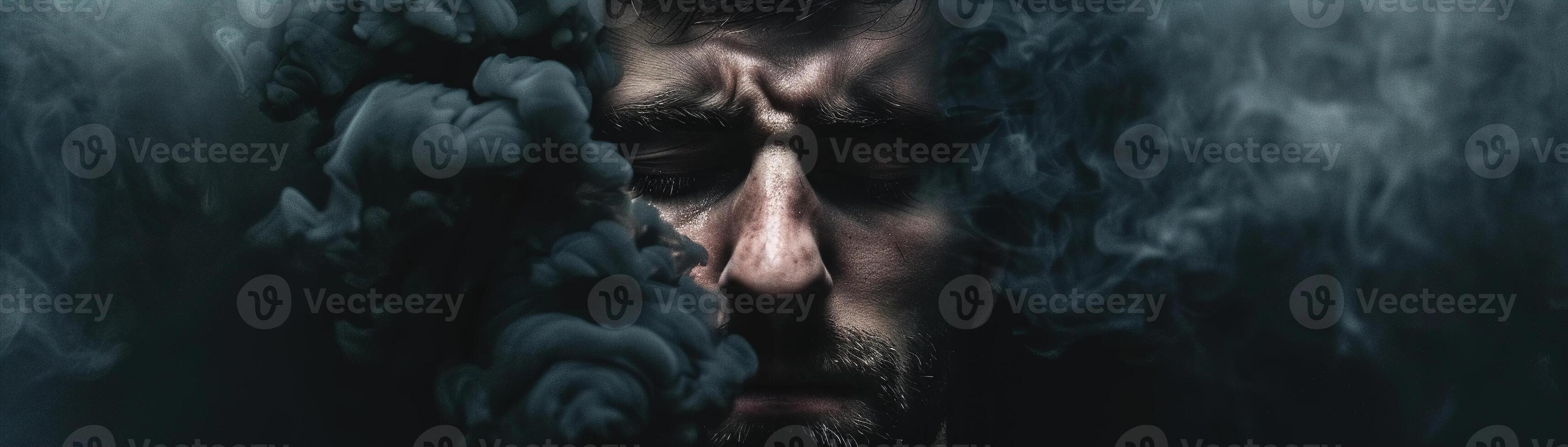 Man in dark smoke, his face etched with profound sorrow. Moody, atmospheric lighting enhances intense emotional depth, ideal for themes related to mental health and internal struggle. photo