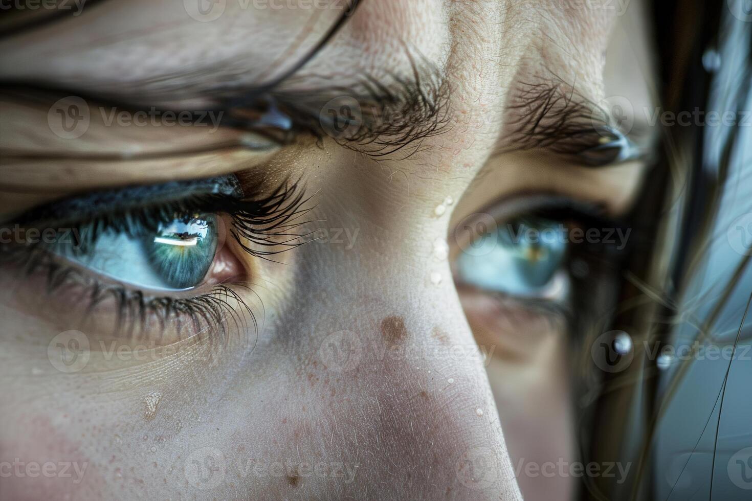 Intensely detailed close-up of a young woman's eyes, filled with tears, capturing the vivid emotion of sadness. Her eyes reflect poignant story, emphasizing the depth of her depression. photo