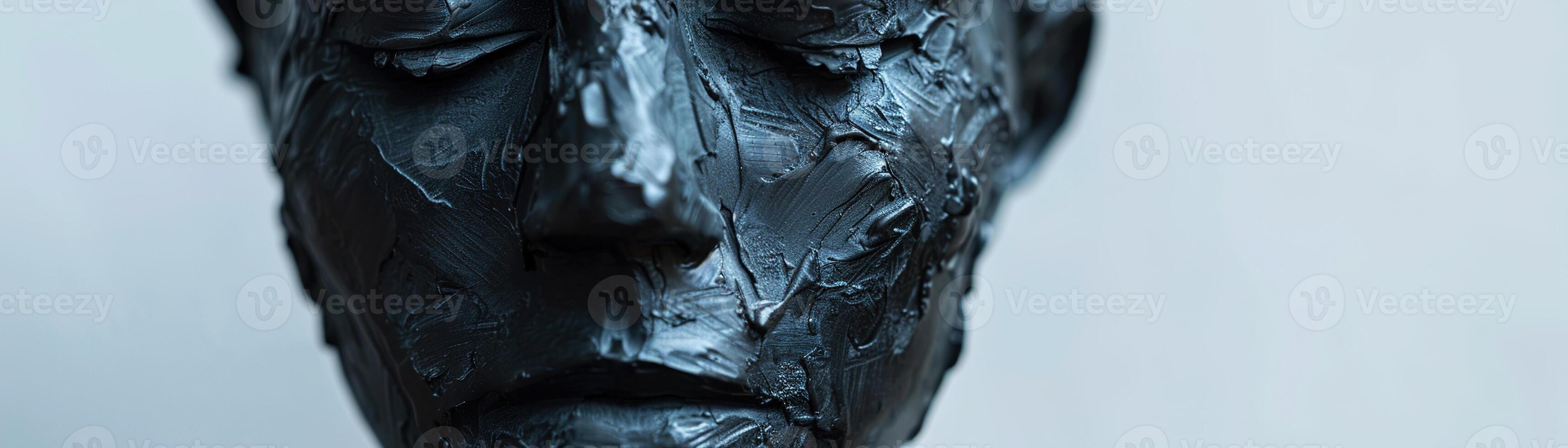 Banner with textured black sculpture depicting a man's sad face, with dramatic shadows and ample copy space to the right for meaningful text. Depression, problems with mental health. photo