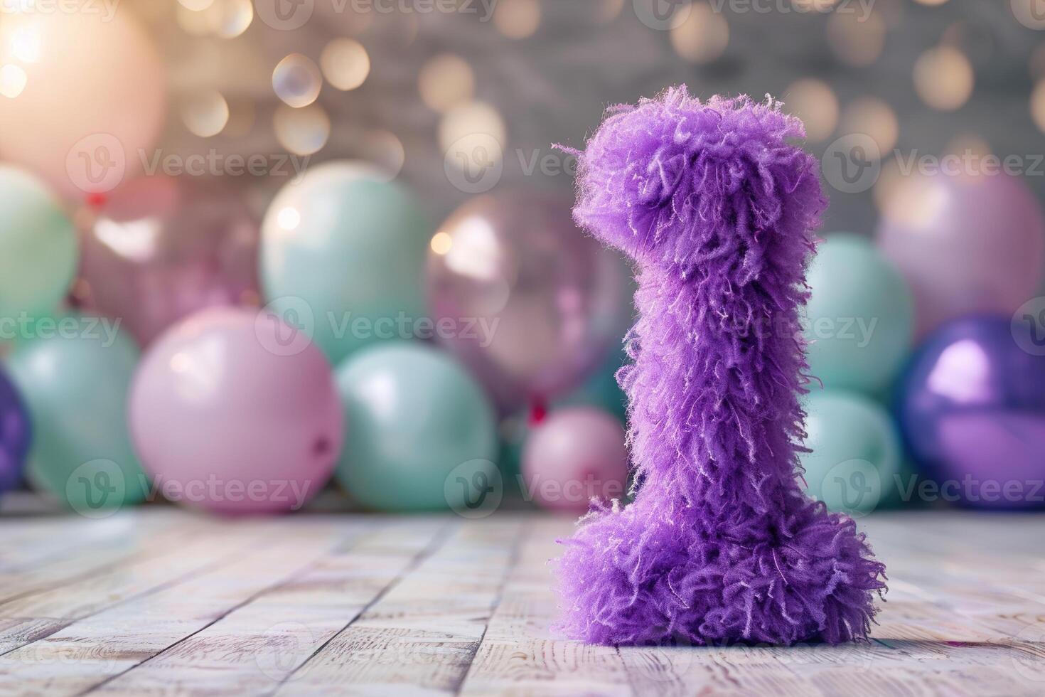 Vibrant, purple and fluffy number one with blurred balloons on the background. Playful symbol 1. Invitation for first birthday celebration. Children, kids party. Greeting card design. photo