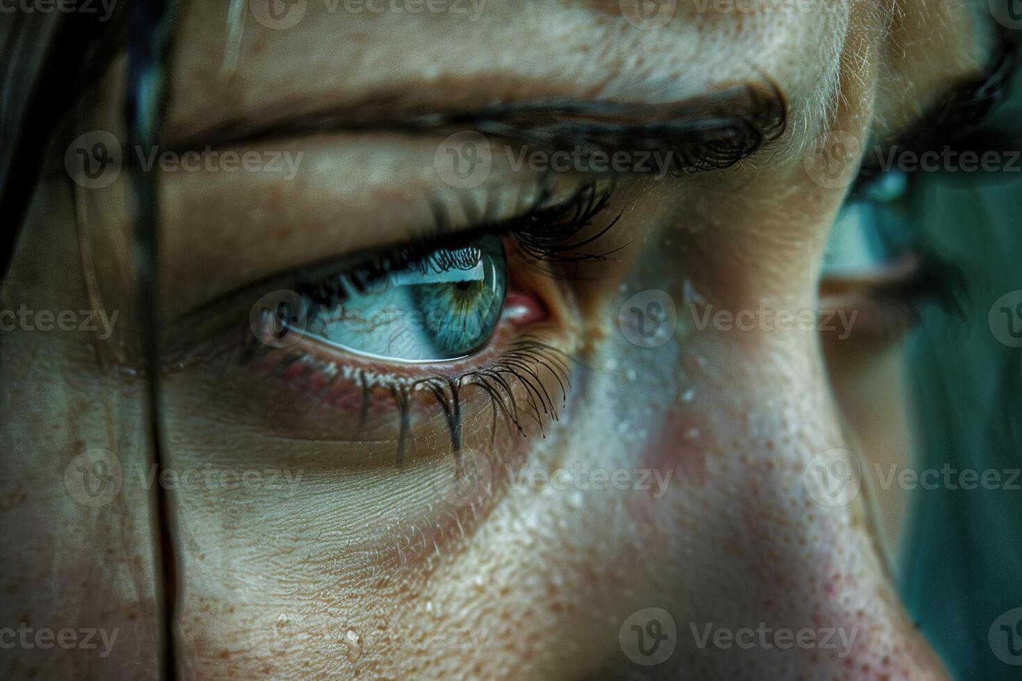 Intensely detailed close-up of a young woman's eyes, filled with tears, capturing the vivid emotion of sadness. Her eyes reflect poignant story, emphasizing the depth of her depression. photo