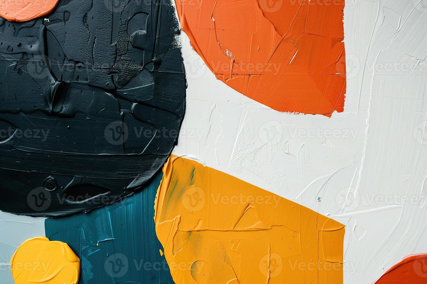 Close-up of a textured abstract painting with bold, tactile strokes and a vivid palette of black, orange, white, and teal. Ideal for adding a dynamic, artistic touch to modern decor. photo