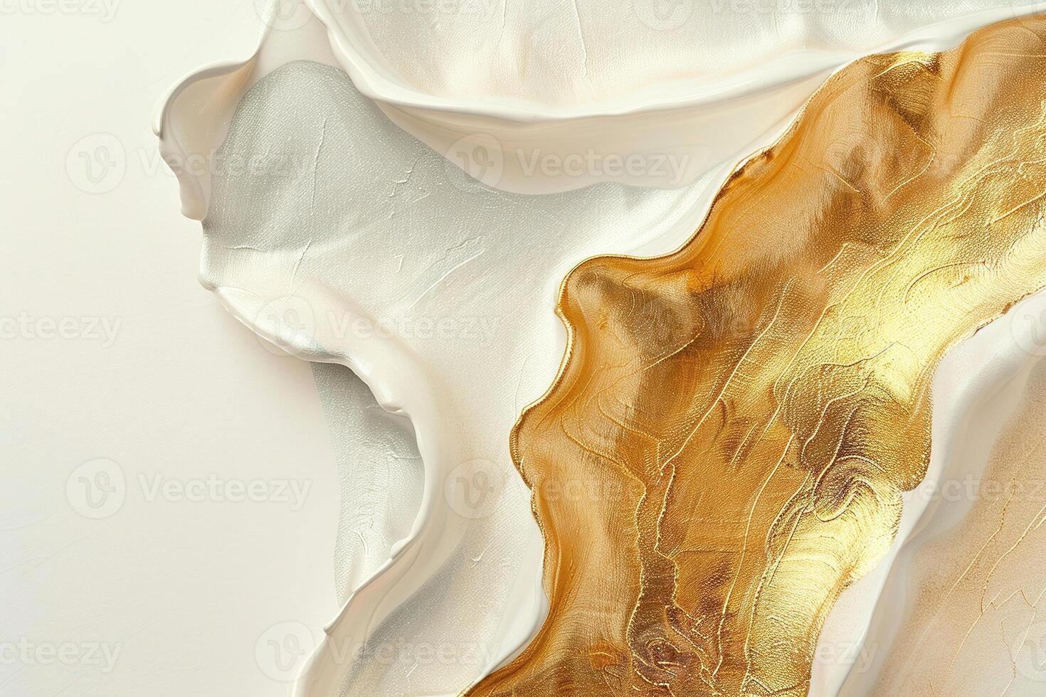 Elegant abstract art featuring flowing forms in white and gold, creating luxurious, serene aesthetic. The rich texture and delicate layering provide depth ideal for sophisticated decor. photo