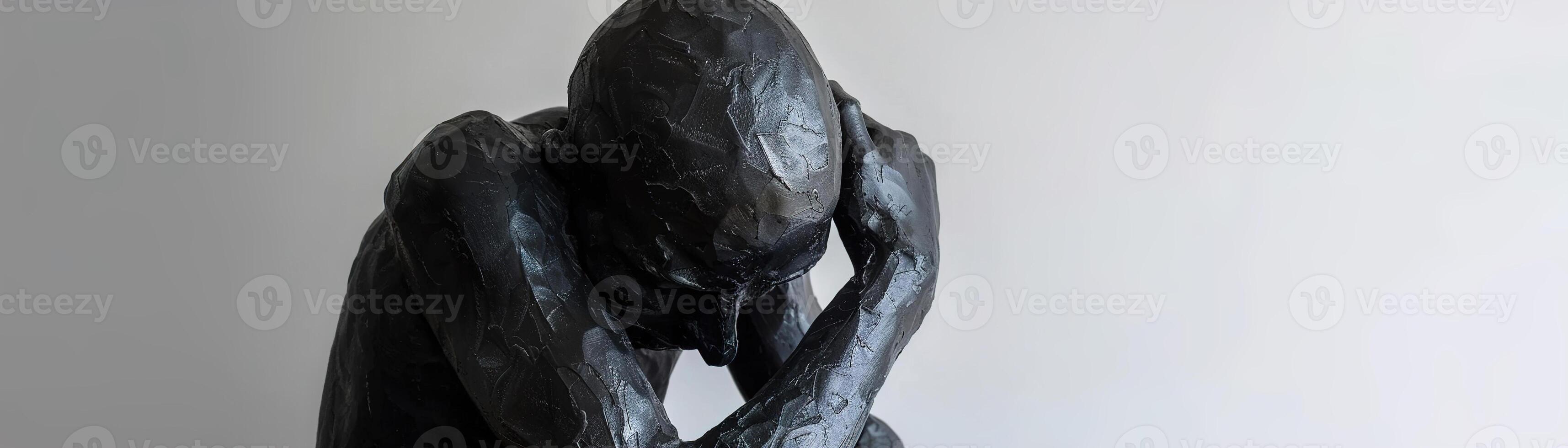 Panoramic image showcasing a detailed black sculpture of a man deeply engrossed in sorrow, cradling his head in his hands. The ample copy space to the right enhances the somber mood. photo