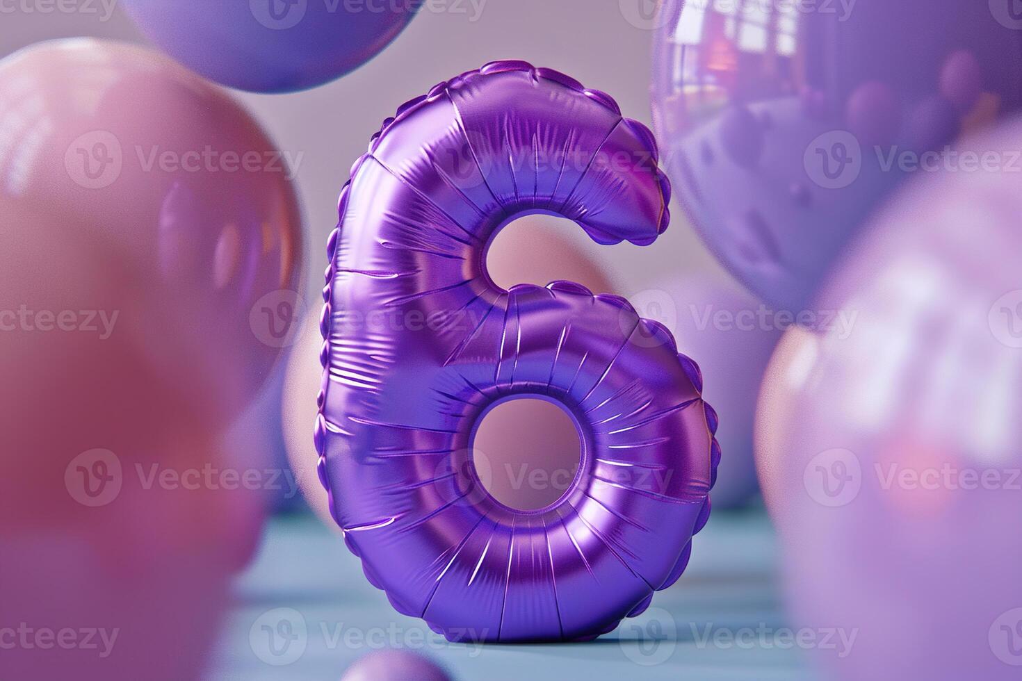Vibrant, purple and glossy number six with blurred balloons on the background. Playful symbol 6. Invitation for sixth birthday celebration. Children, kids party. Greeting card design. photo