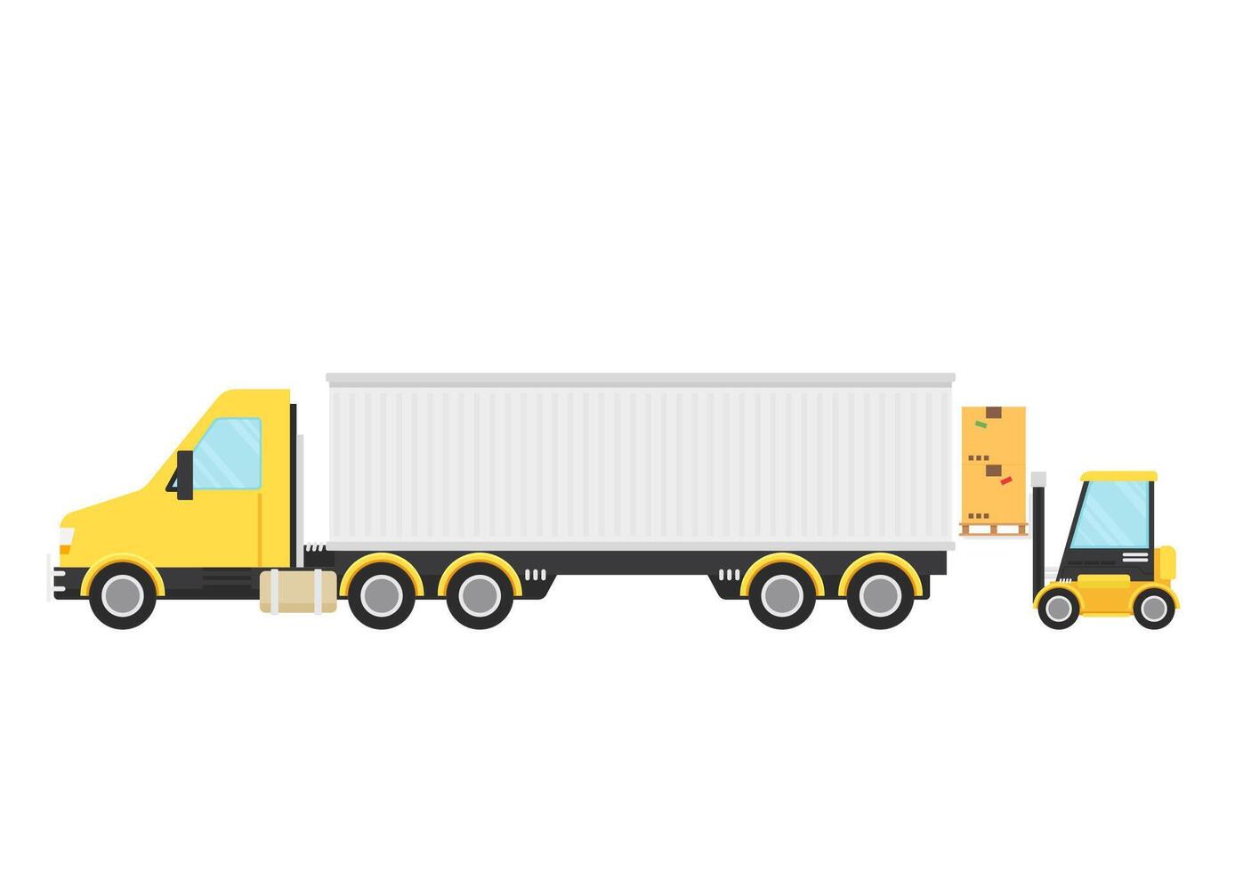 Truck box and Forklift . free space for text. Forklift cartoon . Warehouse door. vector