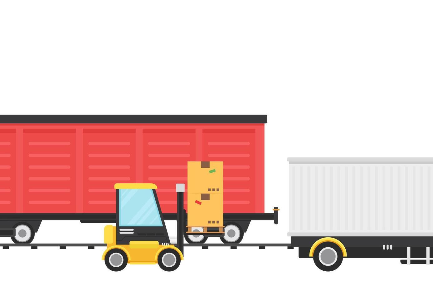 Rail freight transport . Container . Truck and Forklift . Forklift cartoon . vector