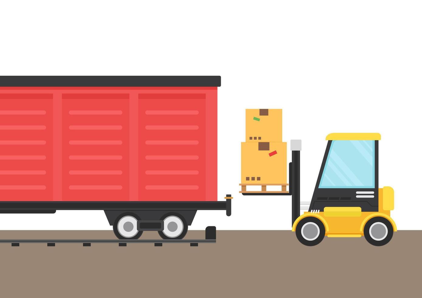 Rail freight transport . Container . Truck and Forklift . Forklift cartoon . vector
