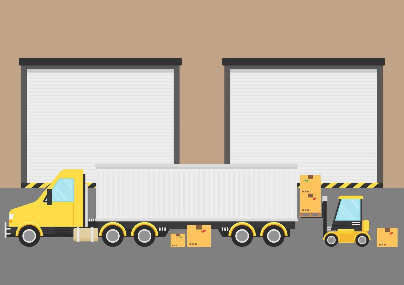 Truck box and Forklift . free space for text. Forklift cartoon . Warehouse door. vector