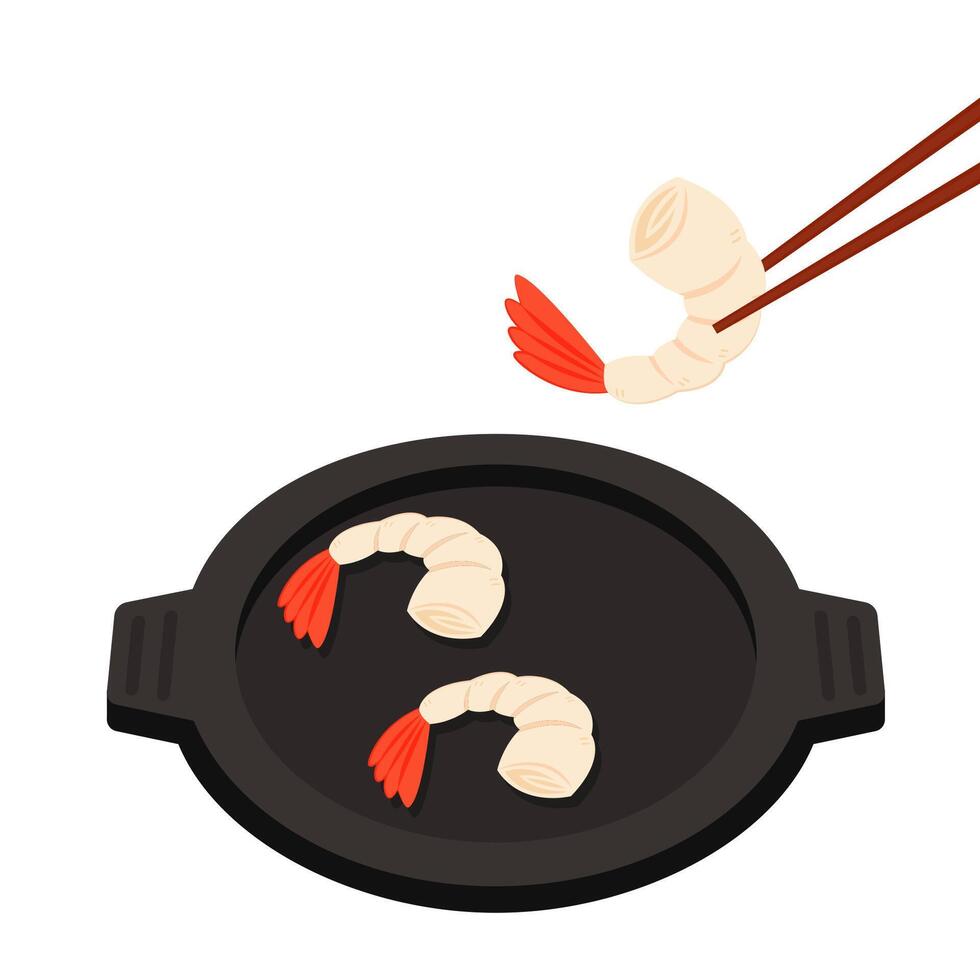 Shrimp cartoon . Shrimp on a Pan . Shrimp logo design. Sea food logo. vector