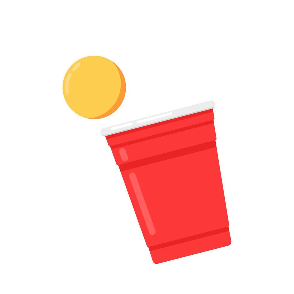 Plastic cups . Red Beer Pong plastic cups with ball. Traditional drinking game illustration. vector