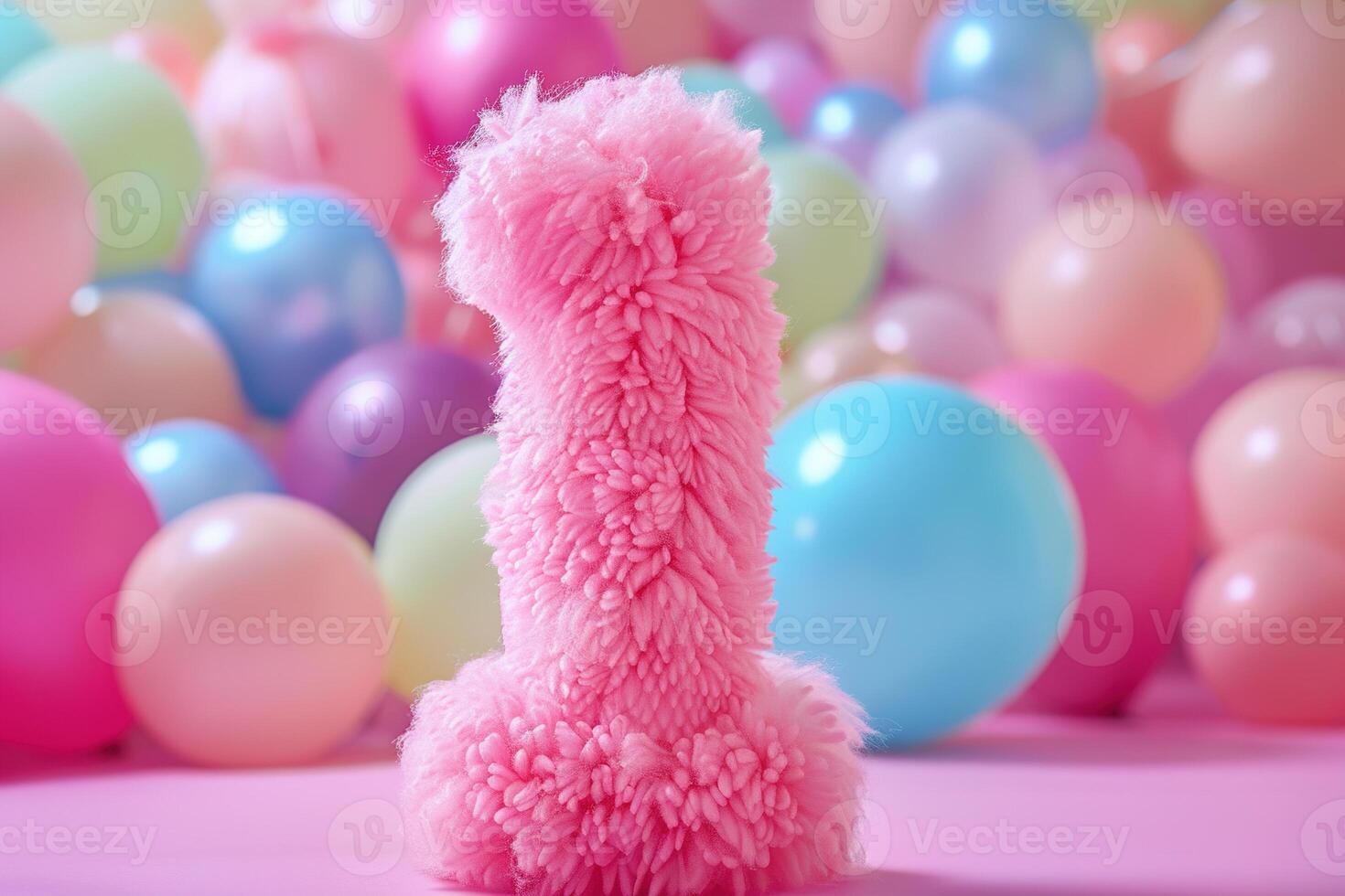 rosa, de niña y mullido número uno con borroso globos en el antecedentes. juguetón símbolo 1. invitación para primero cumpleaños celebracion. niños, niños fiesta. saludo tarjeta diseño. foto