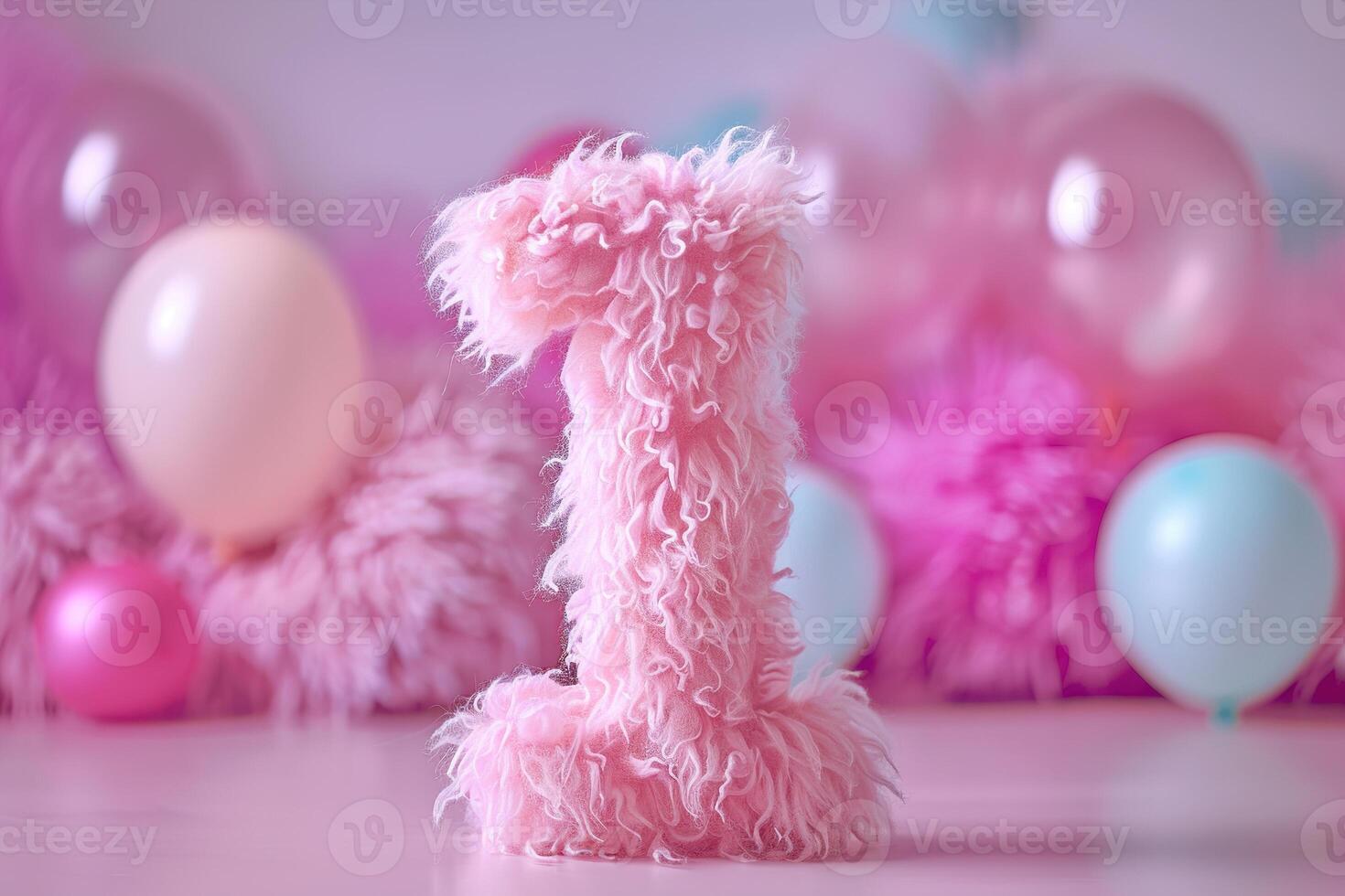 Pink, girlish and fluffy number one with blurred balloons on the background. Playful symbol 1. Invitation for first birthday celebration. Children, kids party. Greeting card design. photo