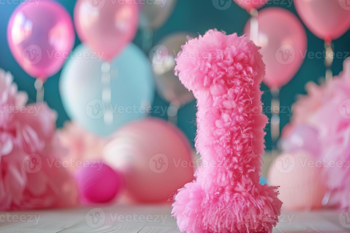 Pink, girlish and fluffy number one with blurred balloons on the background. Playful symbol 1. Invitation for first birthday celebration. Children, kids party. Greeting card design. photo