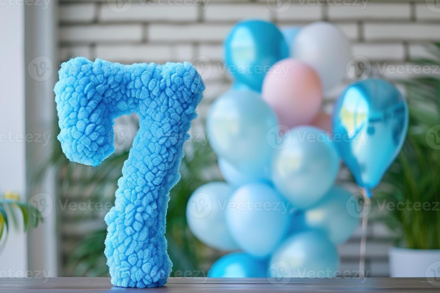 Blue and fluffy number seven with blurred balloons on the background. Playful symbol 7. Invitation for seventh birthday celebration. Children, kids party. Greeting card design. photo