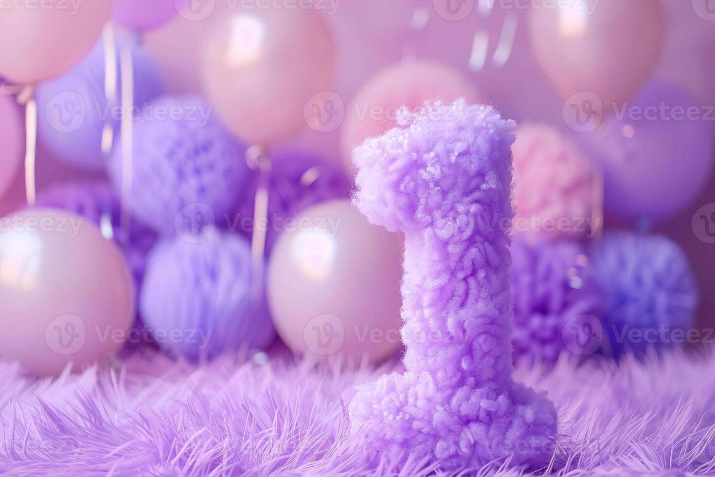 Vibrant, purple and fluffy number one with blurred balloons on the background. Playful symbol 1. Invitation for first birthday celebration. Children, kids party. Greeting card design. photo