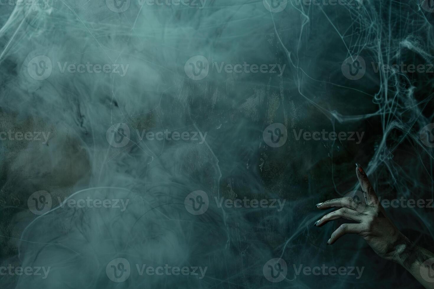 A chilling, ghostly scene enveloped in dense fog and haunting shadows, featuring an eerie hand reaching out, perfect for spooky seasonal promotions with ample copy space. photo