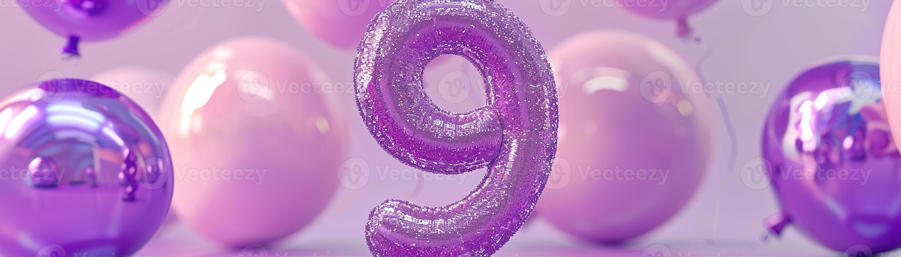 Vibrant, purple and glossy number nine with blurred balloons on the background. Playful symbol 9. Invitation for ninth birthday celebration. Children, kids party. Greeting card, banner. photo
