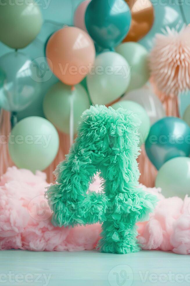 Fluffy number 9 in vibrant purple surrounded by soft pastel balloons, perfect for celebrations and thematic decorations that require a touch of whimsy and color. 9 Years Old. photo