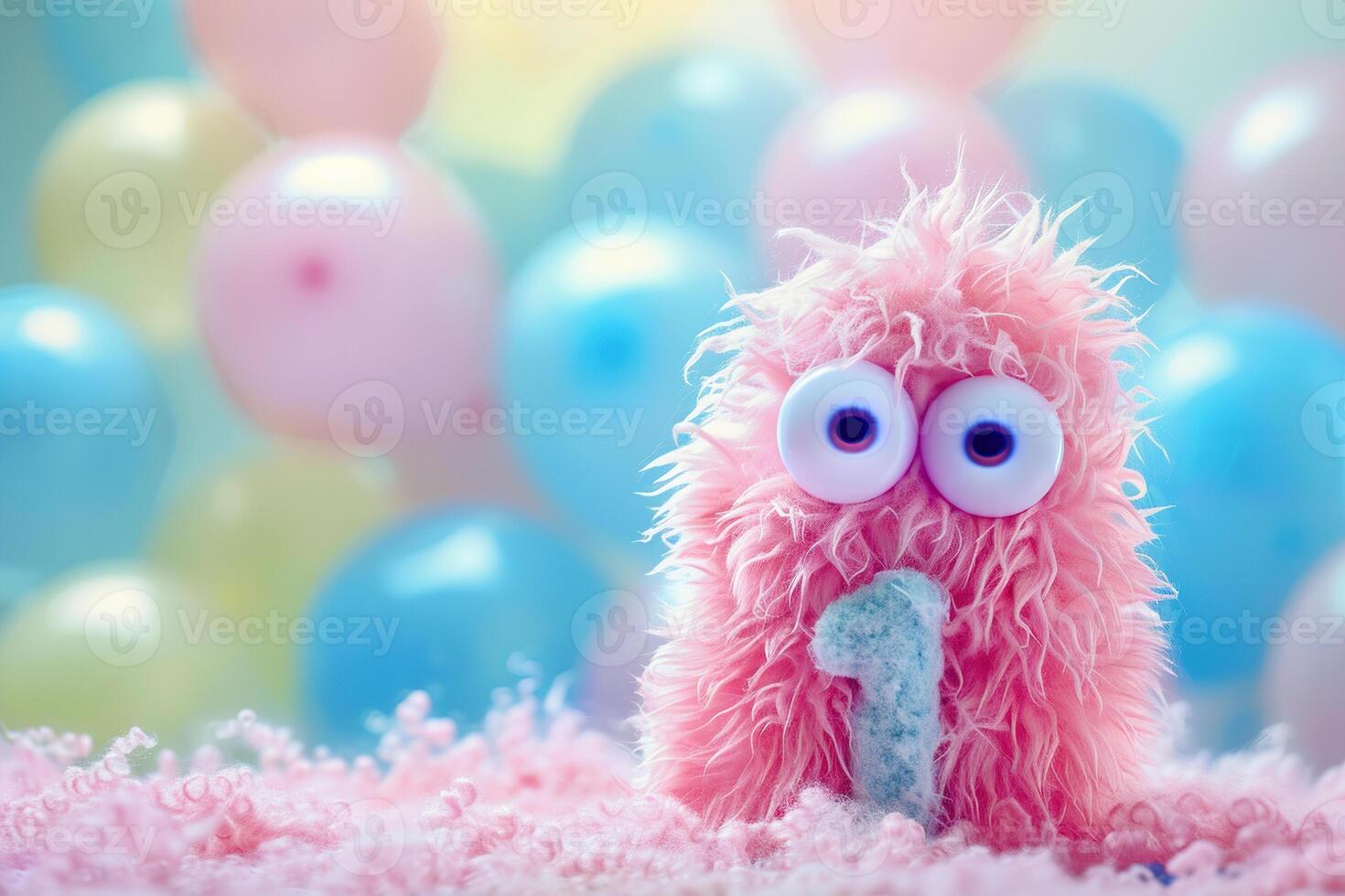 Pink, fluffy monster with number one, blurred balloons on the background. Playful symbol 1. Invitation for first birthday celebration. Children, kids party. Greeting card design. photo