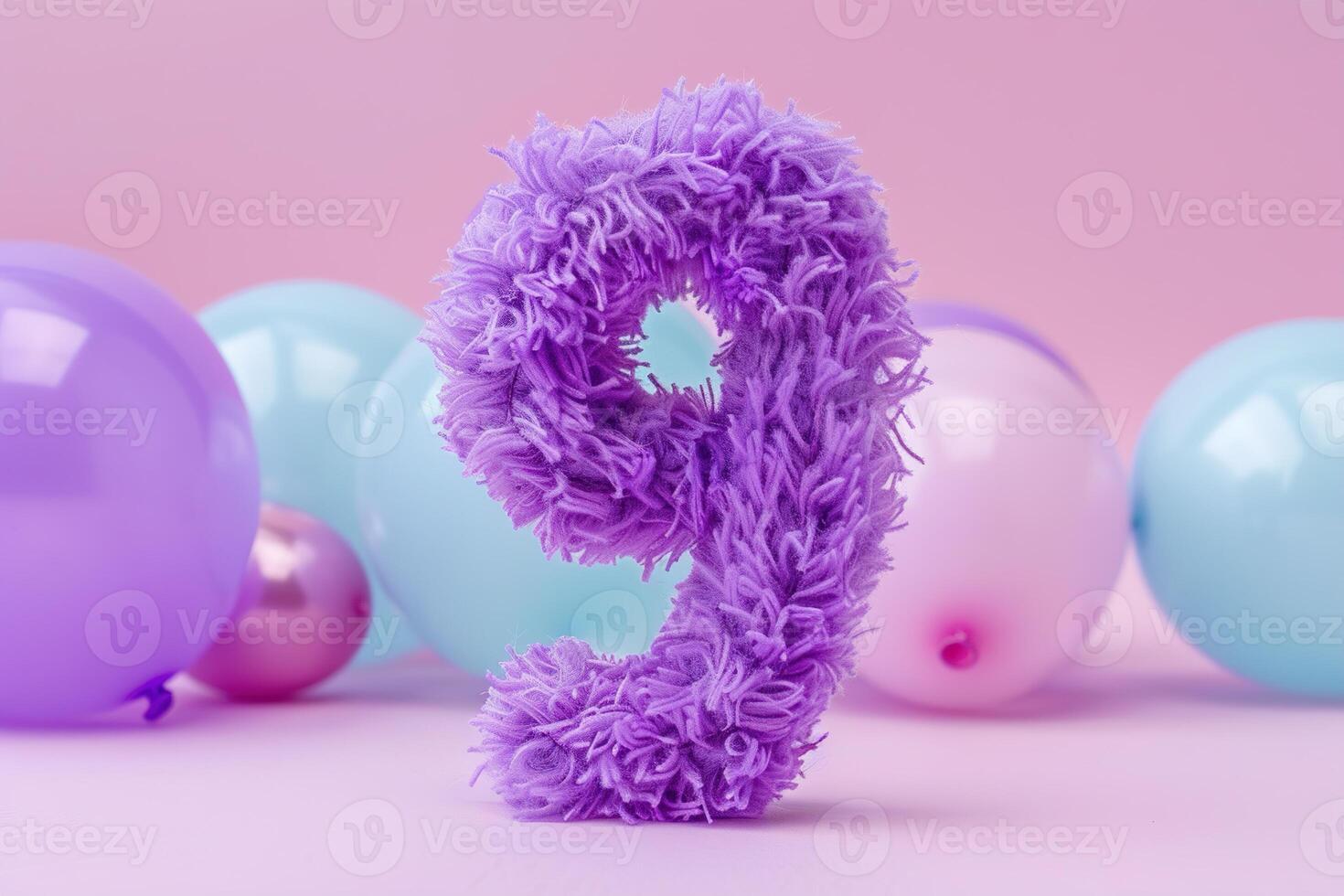 Fluffy number 9 in vibrant purple surrounded by soft pastel balloons, perfect for celebrations and thematic decorations that require a touch of whimsy and color. 9 Years Old. photo
