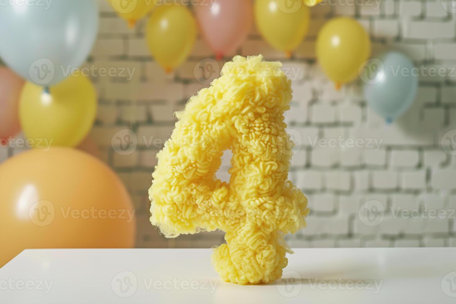 Vibrant, yellow and fluffy number four with blurred balloons on the background. Playful symbol 4. Invitation for fourth birthday celebration. Children, kids party. Greeting card design. photo