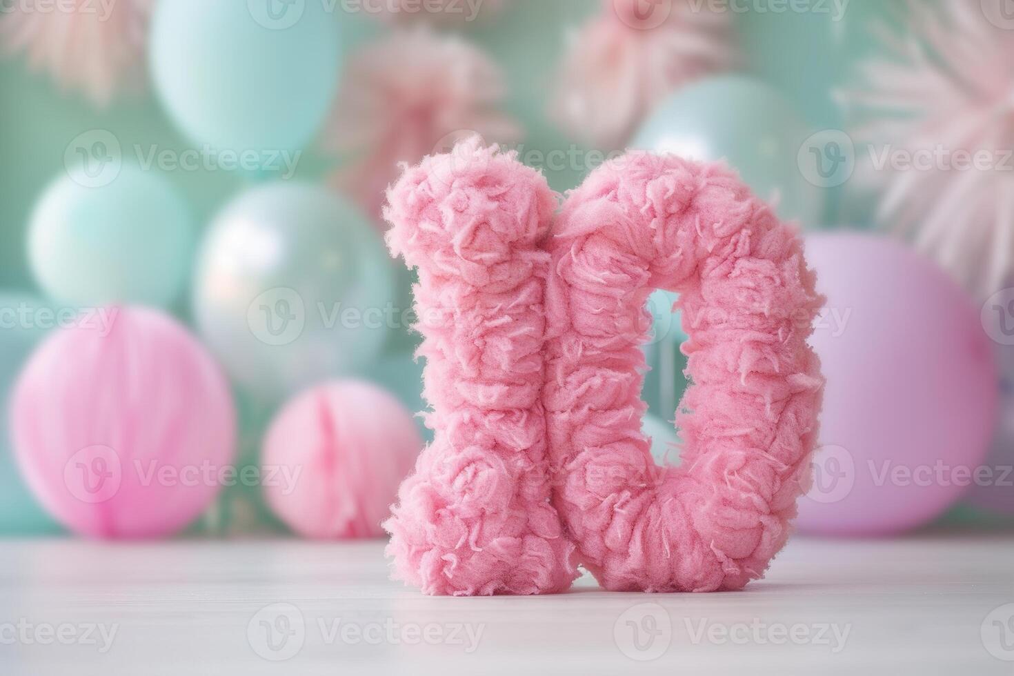 Pink, girlish and fluffy number ten with blurred balloons on the background. Playful symbol 10. Invitation for tenth birthday celebration. Children, kids party. Greeting card design photo