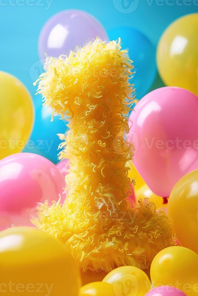Vibrant, yellow, fluffy number one with blurred balloons on the background. Playful symbol 1. Invitation for first birthday celebration. Children, kids party. Greeting card, vertical. photo