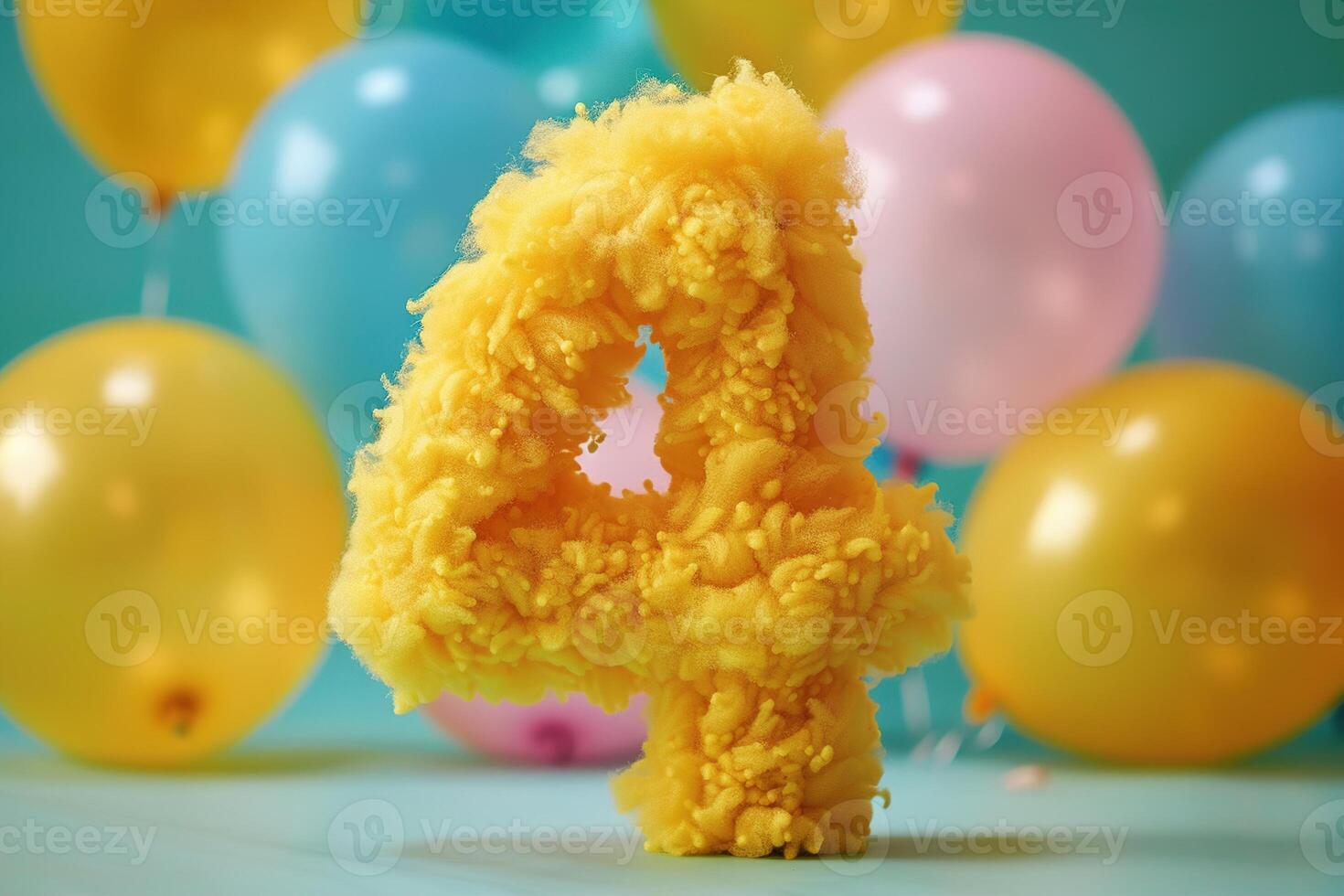 Vibrant, yellow and fluffy number four with blurred balloons on the background. Playful symbol 4. Invitation for fourth birthday celebration. Children, kids party. Greeting card design. photo